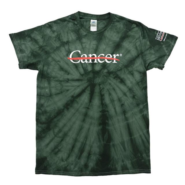 Green tie-dye shirt featuring the white cancer strikethrough logo on the chest and the full MD Anderson logo on the sleeve