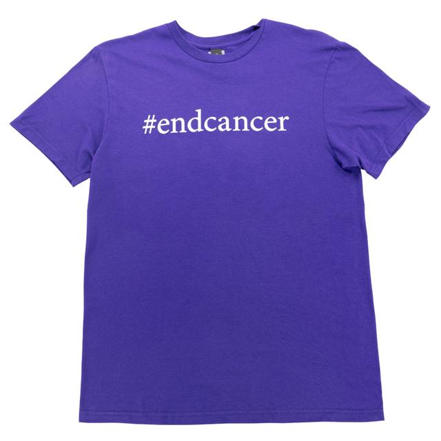 Purple T-shirt featuring #endcancer slogan on the front, accompanied by the MD Anderson logo displayed on the sleeve.