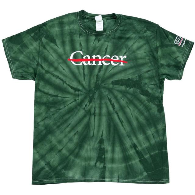 Green tie-dye shirt featuring the white cancer strikethrough logo on the chest and the full MD Anderson logo on the sleeve.