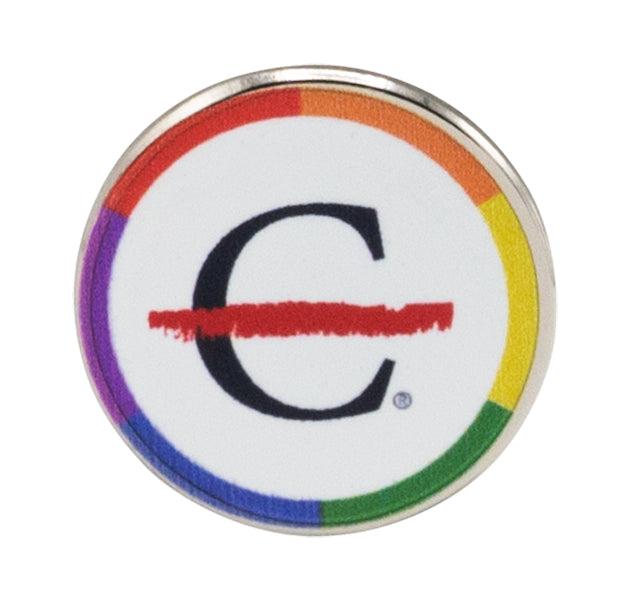 Lapel pin featuring black strikethrough 'C' surrounded by a rainbow-colored circle.