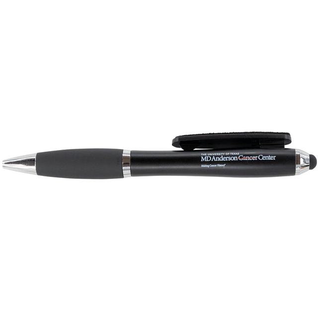 Black ballpoint pen with cellphone navigator tip featuring the white MD Anderson logo.